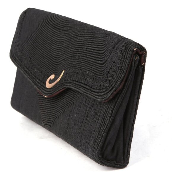 Vintage Corde Clutch Flap Top Evening Bag Purse 1940s/1950s Rope Cord Black Gold - Picture 2 of 8